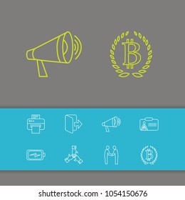 Pack icons set with print, bitcoin and megaphone elements. Set of pack icons and energy concept. Editable vector elements for logo app UI design.
