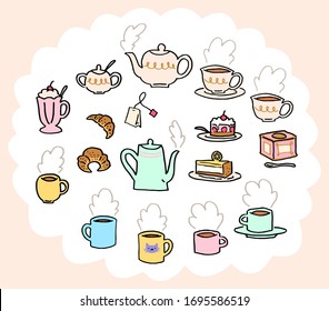 Pack of icons for tea time or coffee break. Pastel and soft colors, doodle style, cartoonish look. Warm beverages, sweet desserts and tasty pastries. Milkshake or frappe, croissants and cozy feelings.