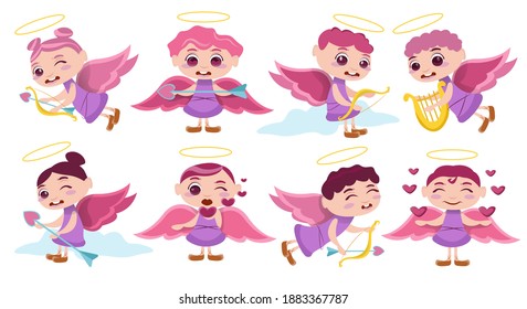 Paquete ilustrado de carácter cupido. Personajes de los ángeles cupidos. Volando, sentados sobre nubes, extendiendo el amor. Feliz Día de San Valentín. Carácter lindo en diferentes poses. Ilustración del vector