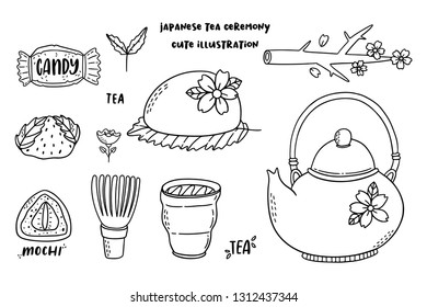Pack of illustrated objects of traditional japanese tea drinkinc ceremony.  Cute doodle illustration.