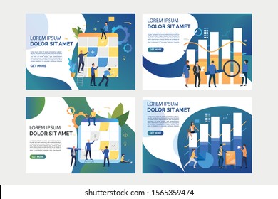 Pack of illustrations with people planning and analysing work. Development, optimization, teamwork. Flat vector illustration. Business process concept for banner, website design or landing web page