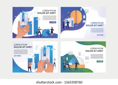 Pack of illustrations with people starting their business. Network, phone, statistics. Flat vector. Business startup concept for banner, website design or landing web page