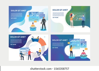 Pack of illustrations with people working virtually. Development, optimization, teamwork. Flat vector. Virtual reality concept for banner, website design or landing web page