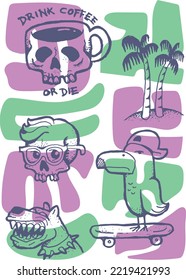 Pack Illustrations Skull Coffee Glasses Bird Skateboarding Mad Dog Colorful