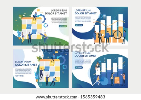Pack of images with people planning and analysing work. Development, statistics, teamwork. Flat vector illustration. Business process concept for banner, website design or landing web page