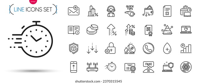 Paquete de iconos de línea de gráfico de aumento de porcentaje, certificado y Pirámide. Incluya los iconos de los pictogramas Inflación, Soporte, Información Técnica. Revisión falsa, código Qr, señales de software. Seguridad informática. Vector