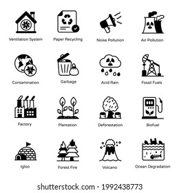 Pack of Industrial Pollution Glyph Icons 