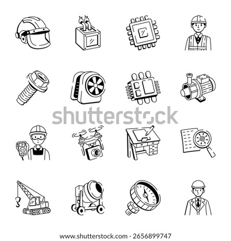 Pack of Industrial Tools Drawing Style Icons 
