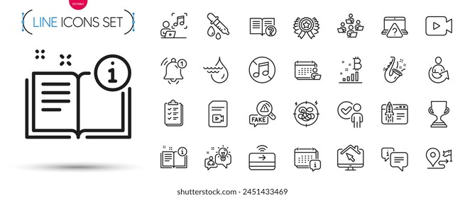 Pack of Info, Video file and Winner ribbon line icons. Include Music, Verification person, Chemistry pipette pictogram icons. Accounting, Help, Contactless payment signs. Calendar. Vector