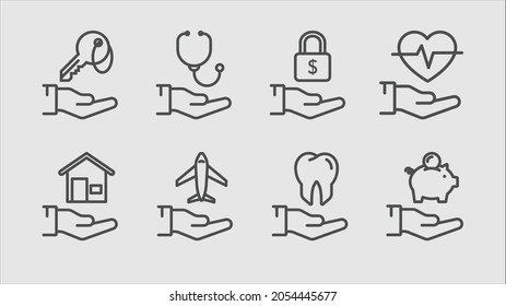 Pack of insurance related outline icons containing life, health, rental, dental, pension, travel and home.