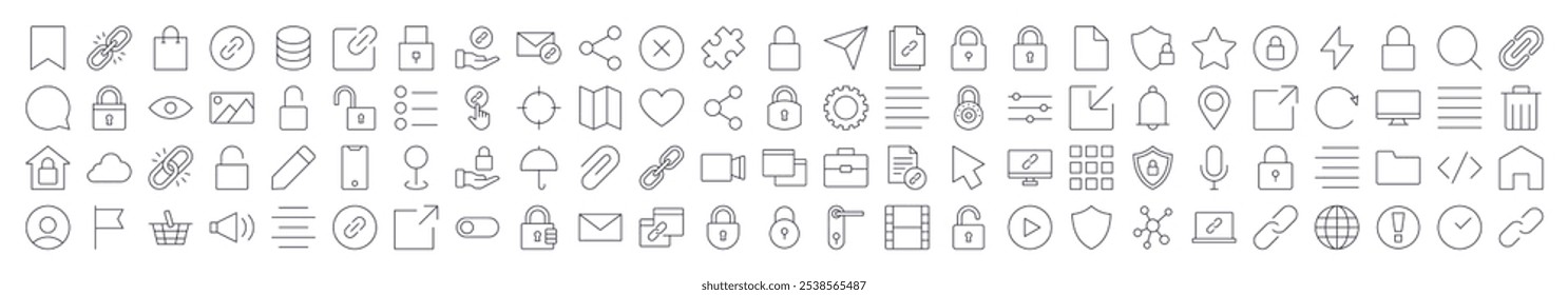 Paquete de iconos de línea relacionados con la interfaz. Trazo Editable para Diseño, Sitios web, App, Tarjetas. Contiene Imágenes lineales de Compartir, Codificación, Me gusta, Marcador, Menú