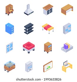 Pack of Interior and Cupboards Isometric Icons 