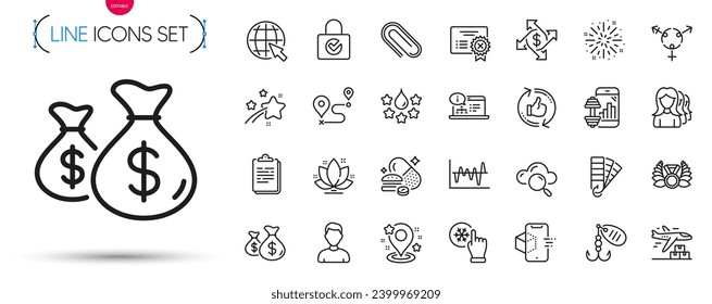 Pack of Internet, Paper clip and Delivery plane line icons. Include Fireworks explosion, Falling star, Pin pictogram icons. Augmented reality, Stock analysis, Lotus signs. Headshot. Vector