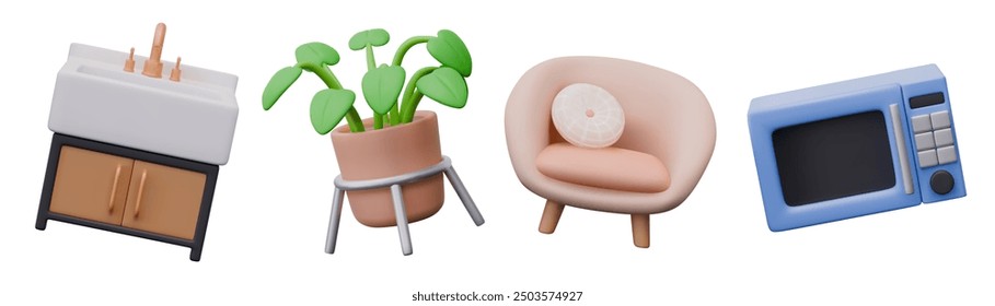 Pack of isolated elements for interior goods categories. Furniture, plumbing, appliances, plants