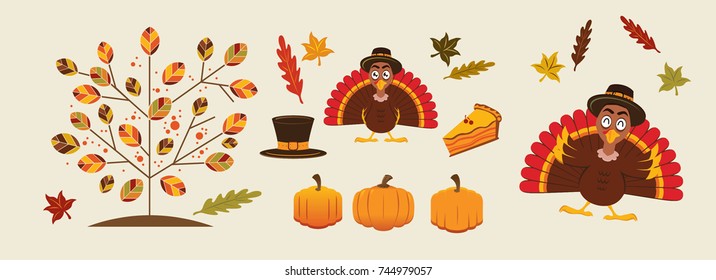 A pack of isolated thanksgiving icon with two turkey mascot