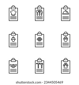 Pack of isolated vector symbols drawn in line style. Editable stroke. Icons of chefs hat, spoon, fork, knife, bowl with cloche, brick wall on clipboard 