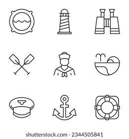 Pack of isolated vector symbols drawn in line style. Editable stroke. Icons of porthole, lighthouse, binoculars, paddles, sailor, whale, lifeline, anchor 