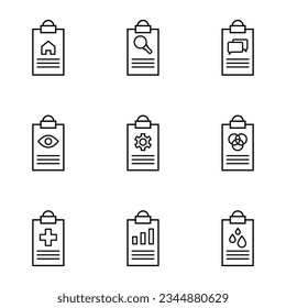 Pack of isolated vector symbols drawn in line style. Editable stroke. Icons of house, loupe, eye, gear, cross, water on clipboard 
