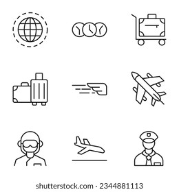 Paquete de símbolos vectoriales aislados dibujados en estilo de línea. Trazo editable. Iconos del mundo, reloj, maleta, equipaje, ala, avión, piloto 