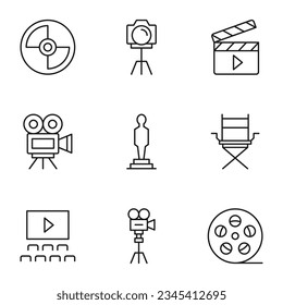 Pack of isolated vector symbols drawn in line style. Editable stroke. Icons of camera, filming, clapper board, statuette, directors chair, cinema hall