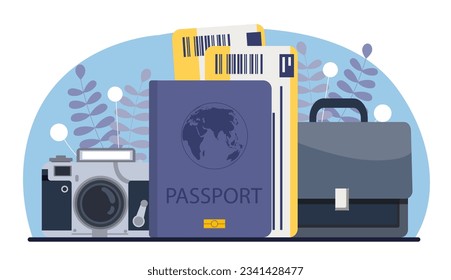 Pack of items for vacation concept. Passport with tickets, camera and suitcase. Holiday, travel and tourism. International flights with airplane. Cartoon flat vector illustration