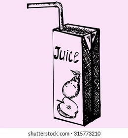 pack of juice with drinking straw, doodle style, sketch illustration