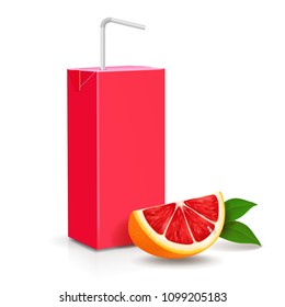Pack of juice. Grapefruit carton package with straw realistic
