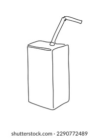 Pack of juice with straw line. Paper box milk container outline icon isolated on white background. Continuous one line drawing vector illustration