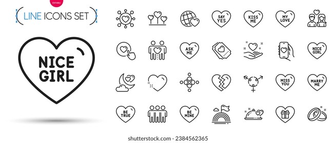 Pack of Kiss me, Be true and Hold heart line icons. Include Inclusion, Like button, Miss you pictogram icons. Love night, Lgbt, Wedding rings signs. Love heart, Friendship, Romantic dinner. Vector