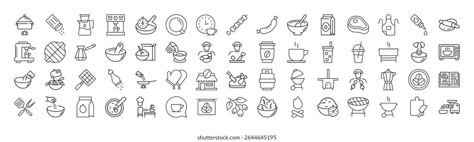 Pacote de cozinha, comida, churrasco ícones de linha relacionados. Outline Signs para Gráficos e Web Design, Apps, Anúncios, Vários Cartões 