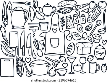 A pack of kitchen items in a cute cartoon style. Cooking utensils, objects and products. Black vector outlines isolated on white background.