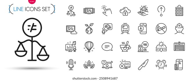 Pack of Knife, Air balloon and Sun protection line icons. Include Reject access, Brain working, Time management pictogram icons. No smoking, Lawyer, Organic tested signs. Cursor. Vector