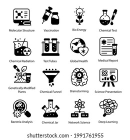 Pack of Lab Equipment and Chemical Testing Glyph Icons 