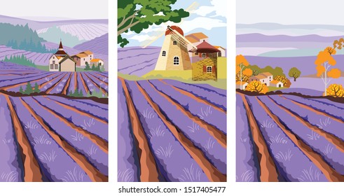 Pack of lavender field with old mill and green tree on background. Cartoon flat style vector