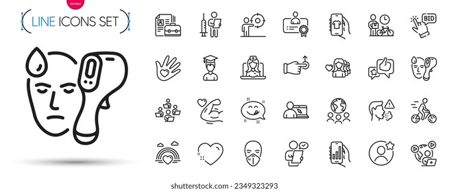 Pack of Lgbt, Vacancy and Bid offer line icons. Include Best friend, Online education, Medical mask pictogram icons. Analysis app, Drag drop, Telemedicine signs. Cough, Woman love, Shop app. Vector