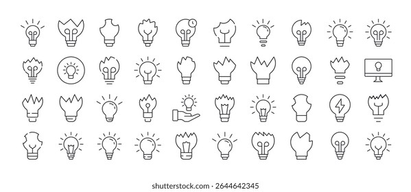 Pacote de luz ícones de linha relacionados. Lâmpadas e sinais de contorno de lâmpadas quebradas para design gráfico e Web, aplicativos, anúncios, várias cartas 