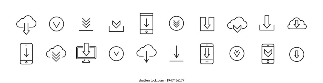 Paquete de iconos de descarga de línea. Firmas premium para web, aplicaciones, sitios y interfaz de usuario. Vector modificable. Objetos de esquema. 