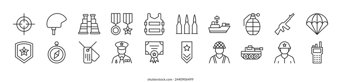 Pack of line icons of army. Editable stroke. Simple outline sign for web sites, newspapers, articles book