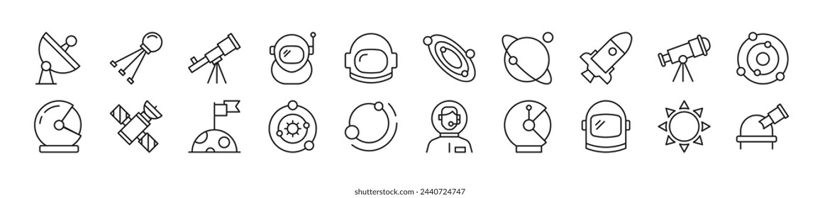 Pack of line icons of astronaut. Editable stroke. Simple outline sign for web sites, newspapers, articles book