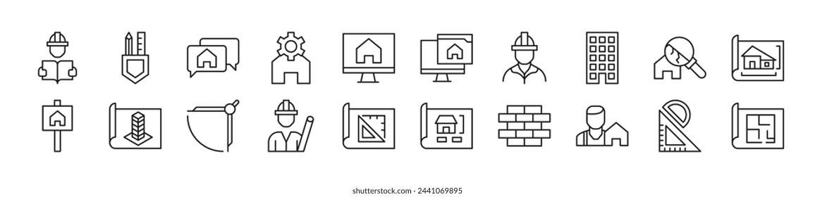 Pack of line icons of building. Editable stroke. Simple outline sign for web sites, newspapers, articles book