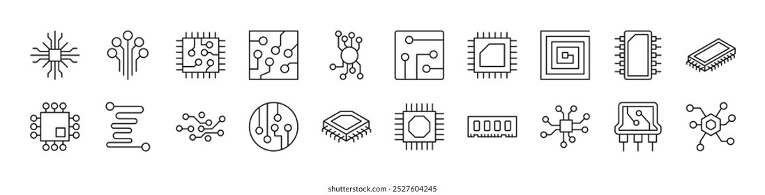Paquete de iconos de línea de chip y esquema. Trazo Editable. Pictograma lineal minimalista para el diseño de tarjetas, App, Anuncios, publicaciones