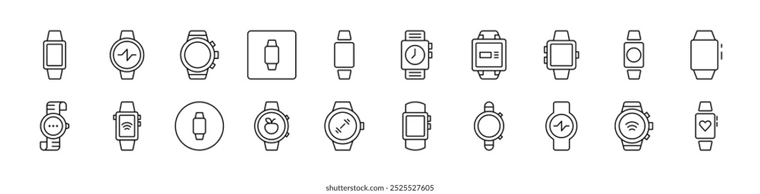 Pack of Line Icons of Clock and Watch. Editable Stroke. Minimalistic Linear Pictogram for Design of Cards, Apps, Banners, Posts