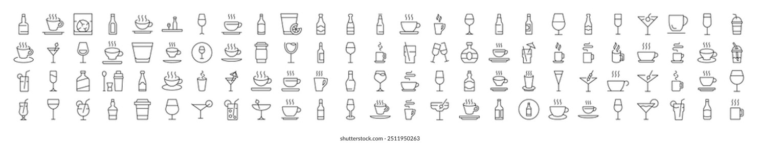 Pack von Linie Icons von Kaffee, Softdrinks, alkoholische Getränke. Bearbeitbarer Strich. Minimalistisches lineares Piktogramm für das Design von Karten, Apps, Bannern, Posts