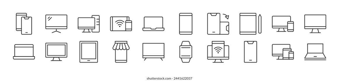 Paquete de iconos de línea de computadoras, teléfonos, computadoras portátiles. Trazo editable. Signo de esquema simple para sitios web, periódicos, libros de artículos