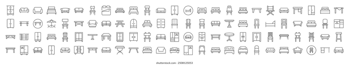 Pack of Line Icons of Couch, Sofa, Table, Chair. Editable Stroke. Minimalistic Linear Pictogram for Design of Cards, Apps, Banners, Posts