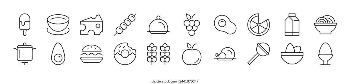 Pack of line icons of food. Editable stroke. Simple outline sign for web sites, newspapers, articles book