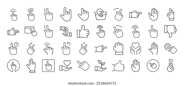 Pack of Line Icons of Gesture, Hand, Cursor. Editable Stroke. Minimalistic Linear Pictogram for Design of Cards, Apps, Banners, Posts