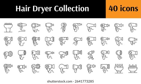 Pack of Line Icons of Hair Dryer. Minimalistic Linear Pictogram for Web and Graphic Design, Apps, Banners, Social Network and Cards