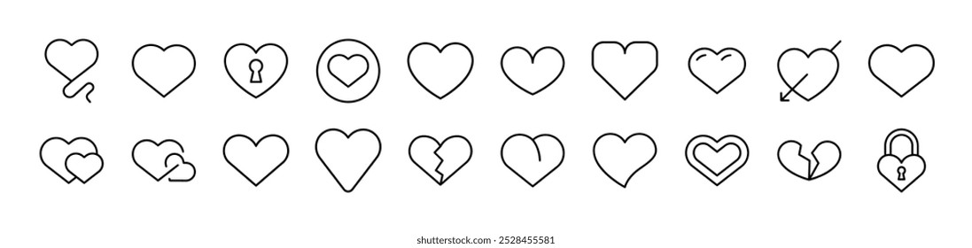 Pacote de Ícones de Linha de Coração. Traço editável. Pictograma Linear Minimalista para Design de Cartões, Aplicativos, Banners, Posts