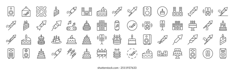 Pack of Line Icons of Holiday, Party, Fireworks, Cooks and Stereo. Editable Stroke. Minimalistic Linear Pictogram for Design of Cards, Apps, Banners, Posts